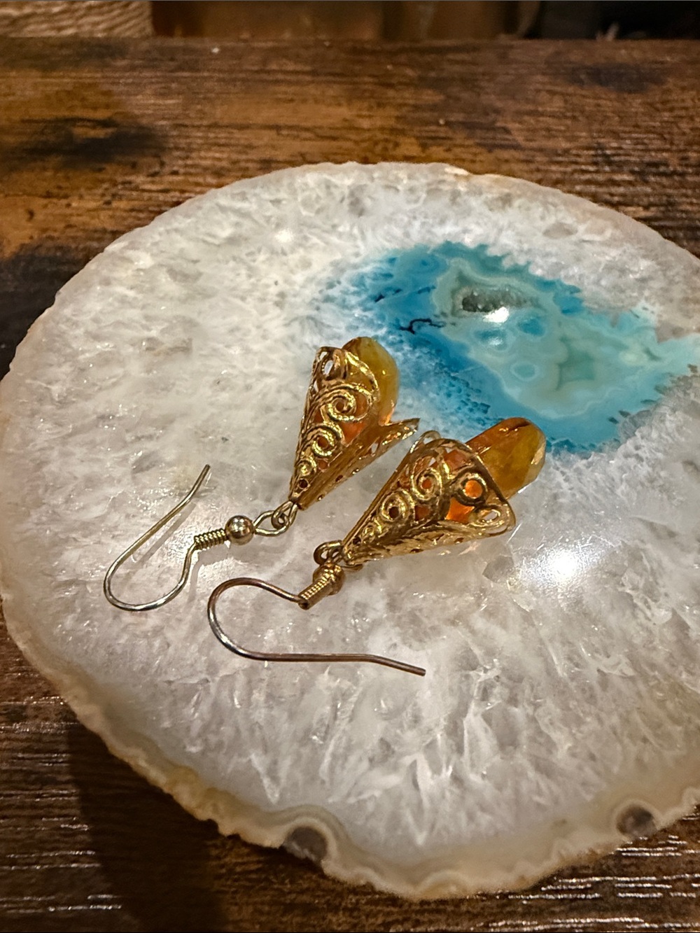 Delicate Gold Filigree Amber Drop Earrings for Women